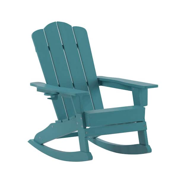 TAYLOR + LOGAN Nellis Blue Weather Resistant Plastic HDPE Adirondack Outdoor Rocking Chair with Cup Holder