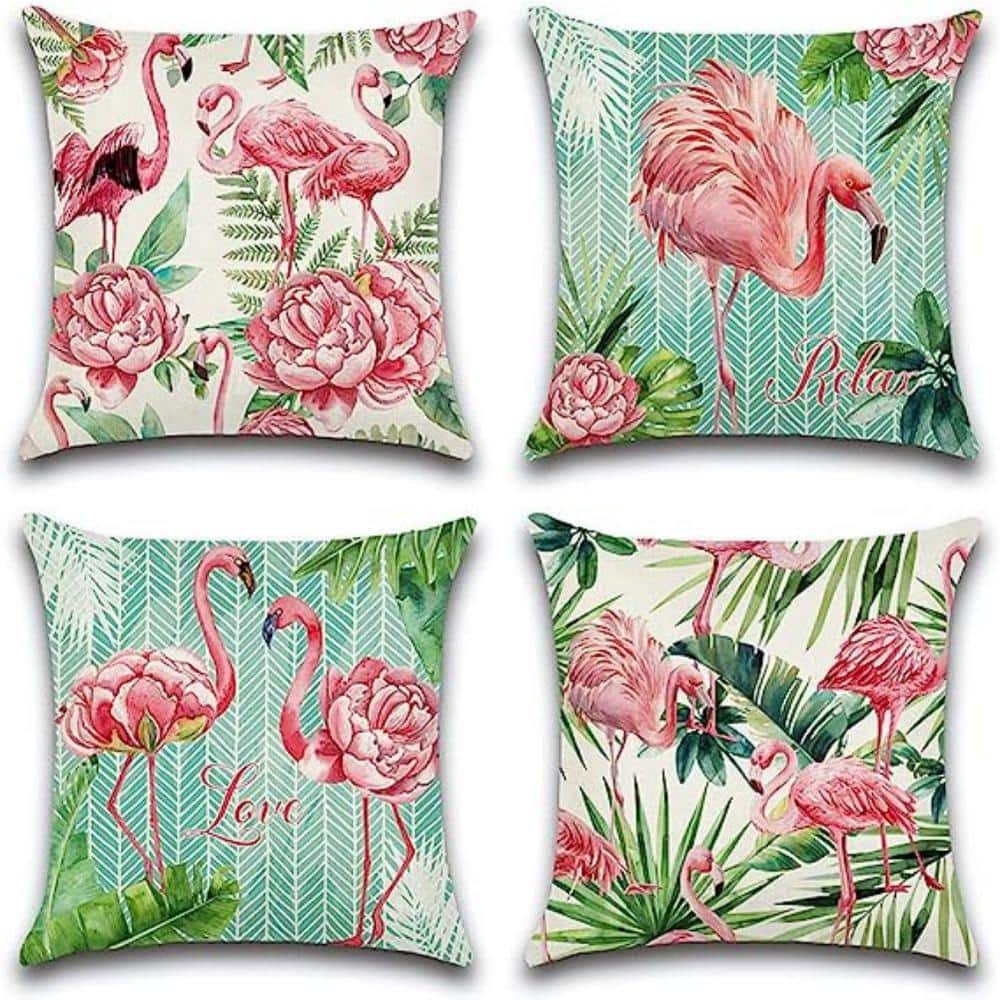 OutdoorSet of 4 Waterproof Throw Pillow Covers 18x18 Inches, Flamingo and P
