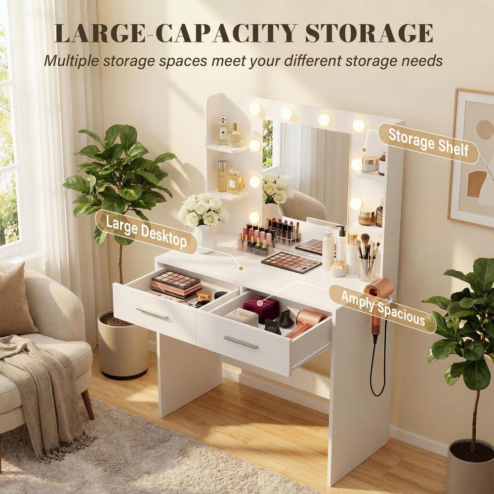 Makeup Vanity Sets with Mirror and Power Outlet, Dressing Table Sets with 2-Drawers, 4-Storage Shelves and Bench, White - thumbnail 3