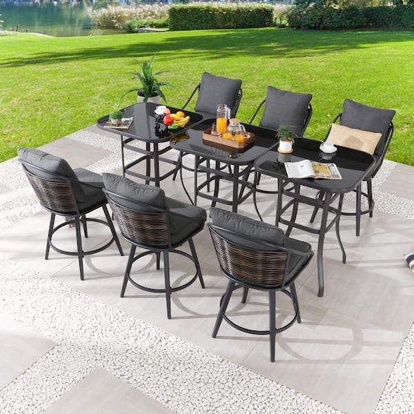 Patio Festival 9-Piece Metal Bar Height Dining Set with Gray Cushions ...