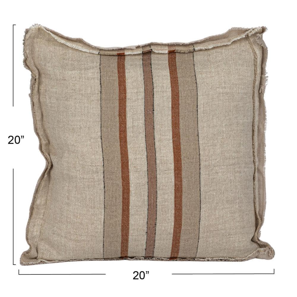 Tan and Brown Linen Striped Square Pillow with Fringe