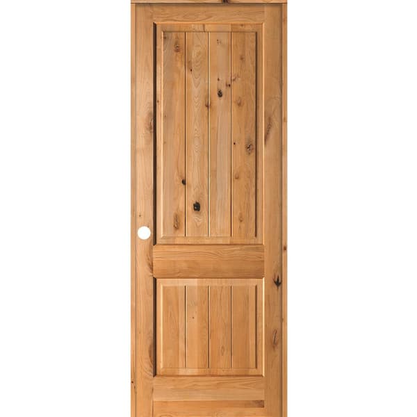 Krosswood Doors 36 in. x 96 in. Knotty Alder 2 Panel Right-Hand Square Top V-Groove Clear Stain Solid Wood Single Prehung Interior Door