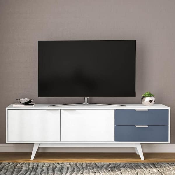 Polifurniture Laos White and Navy Tv Stand Fits TV's up to 79 in. wth Cabinets and Drawers