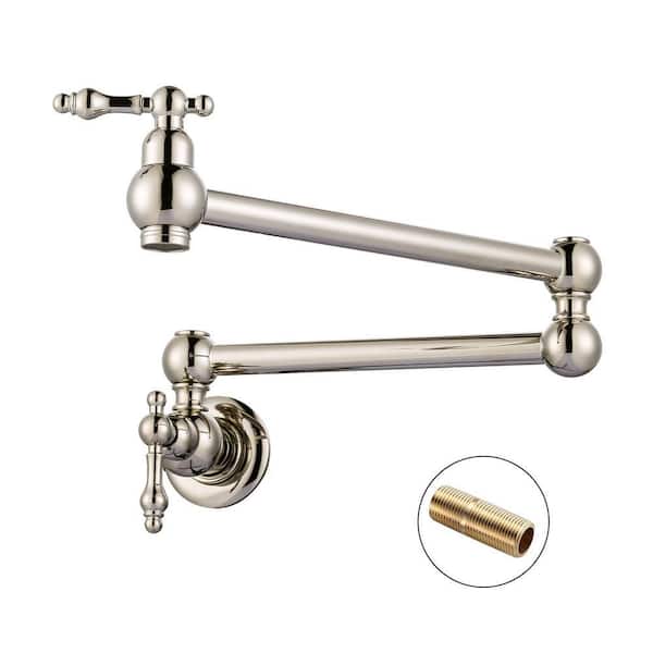 Brass Wall Mount Pot Filler with 2-Aerators and Brass Valve, Double Handle Single Hole Kitchen Faucet in Polished Nickel