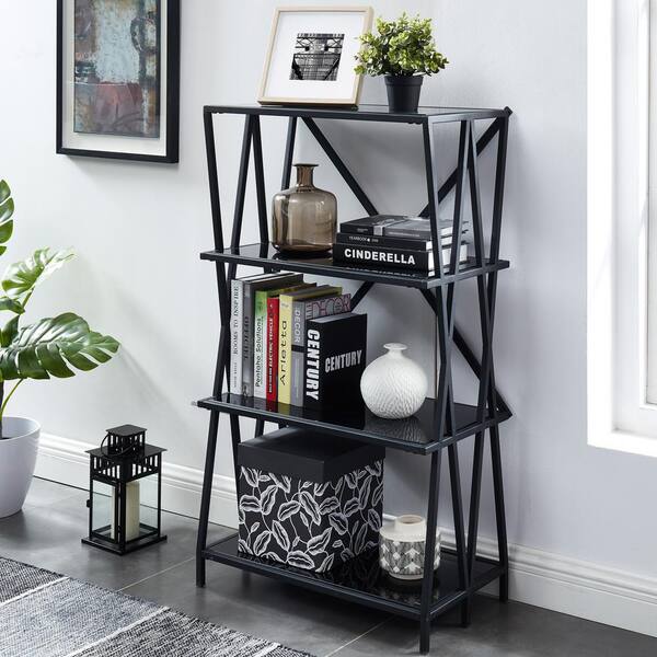 4 Shelf Bookcase With Glass Shelves, Black Bookcase Glass Shelves