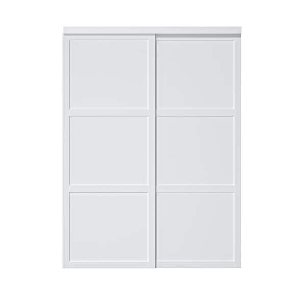 ARK DESIGN 60 in. x 80 in. Paneled 3 Lite White Finished MDF Sliding Door with Hardware