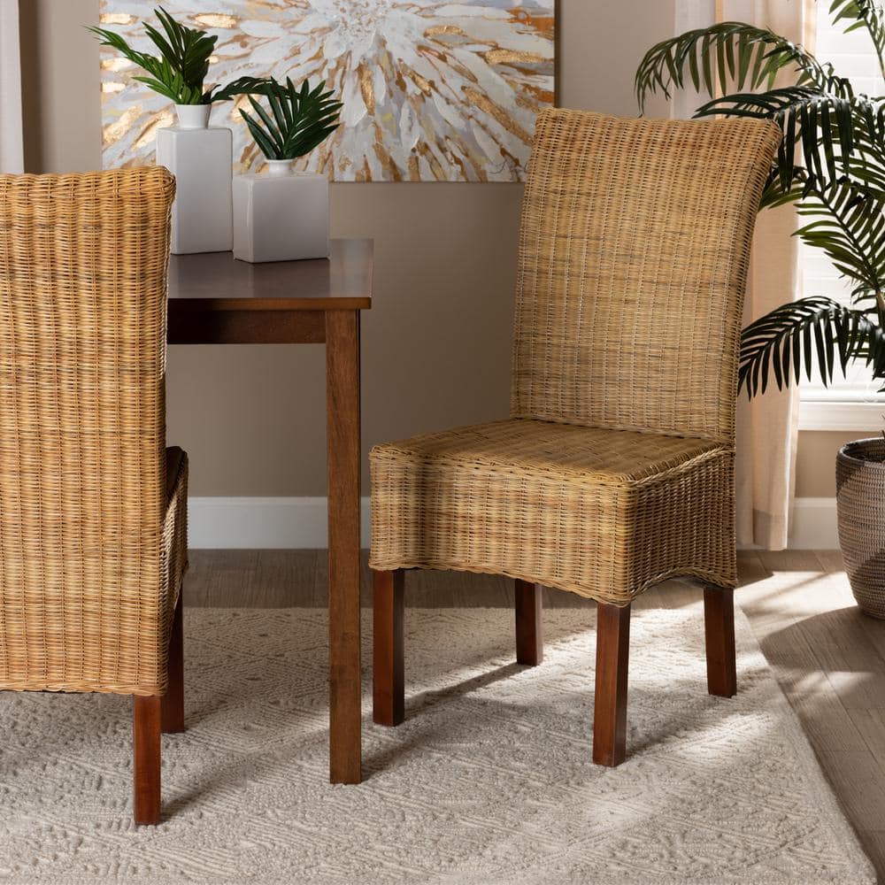 High Back Brown Rattan and Mahogany Dining Chair
