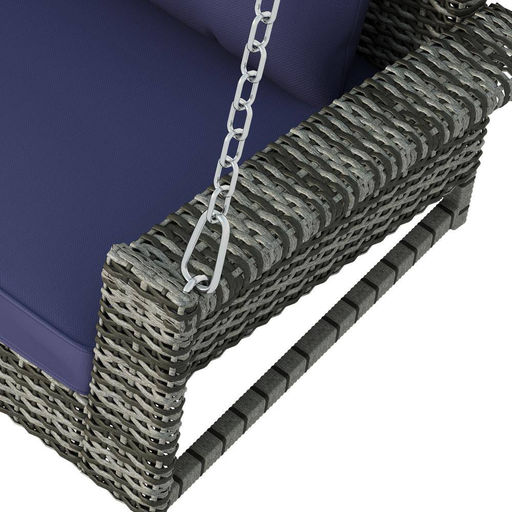 Blue-gray Wicker Porch Swing with Cushions and Galvanized Steel Frame