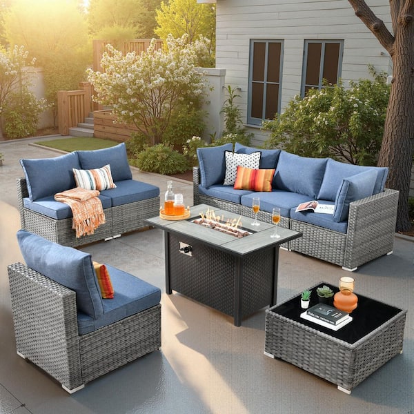 HOOOWOOO Messi Gray 8-Piece Wicker Outdoor Patio Conversation Sectional Sofa Set with a Metal Fire Pit and Denim Blue Cushions