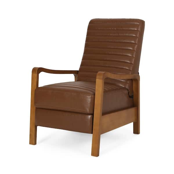 Noble House Judith Cognac Brown and Teak Channel Stitch Pushback Recliner Chair