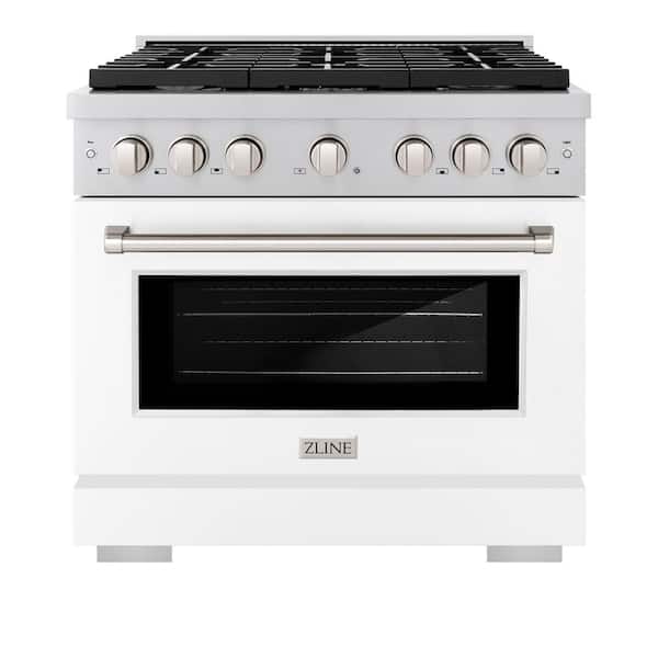 ZLINE Kitchen and Bath 36 in. 6 Burner Freestanding Gas Range & Convection Gas Oven with White Matte Door in Stainless Steel