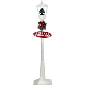 71 in. Christmas Musical Snowy Street Lamp with Christmas Tree Scene, 2 Signs, Cascading Snow and Holiday Songs