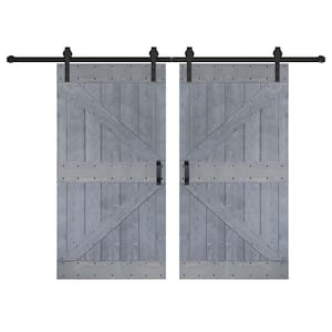 K Series 84 in. x 84 in. Weathered Gray Finished DIY Solid Wood Double Sliding Barn Door with Hardware Kit