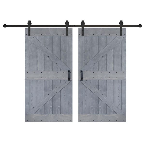 ISLIFE K Series 84 in. x 84 in. Weathered Gray Finished DIY Solid Wood Double Sliding Barn Door with Hardware Kit