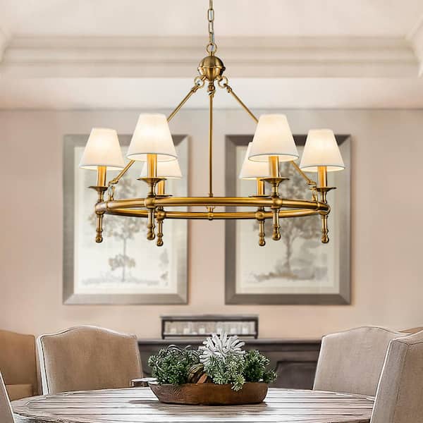 ALOA DECOR 34 in. 6 Light W White Vitage Brass Chandelier Untique Classic Lighting with Fabric Lamp Shade for Dining Room H7172D85NB06A