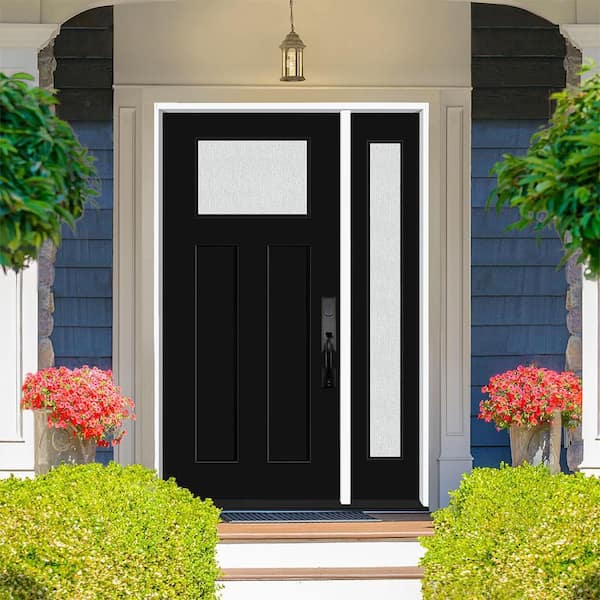 Legacy 53 in. x 80 in. 1/4 Toplite Rain Glass LHIS Primed Black Finish Fiberglass Prehung Front Door w/14 in. SL