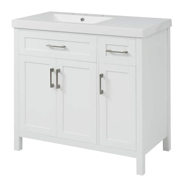 Cesicia 36 in. W Freestanding Bath Vanity in White with White Resin Top 2-Drawers and 3-Doors