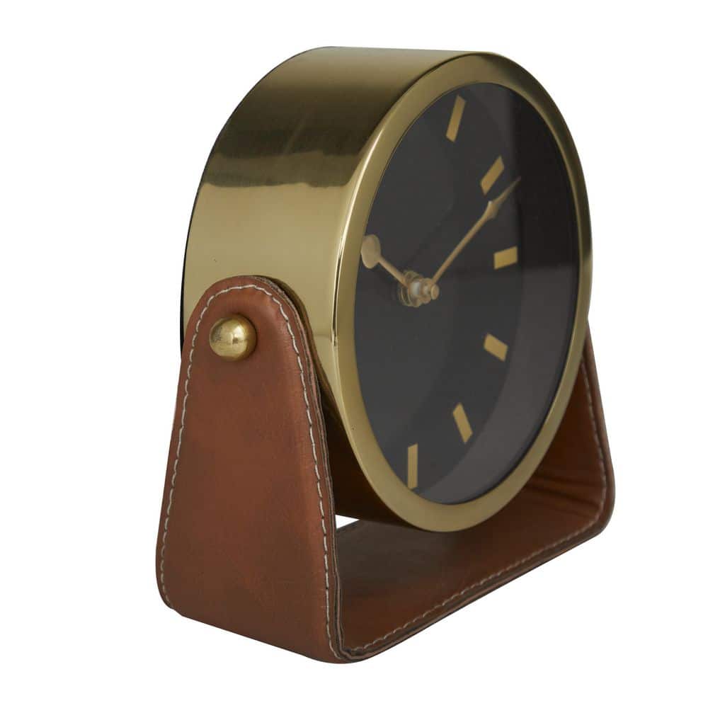 Gold Stainless Steel Round Desk Clock with Leather Stand