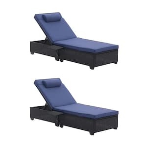 Classic Patio Black 2-Pieces Wicker Outdoor Chaise Lounge Chair with NavyBlue Cushions and Reclining Adjustable Backrest