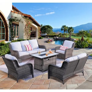 Daydreamer Gray 5-Piece Wicker Patio Fire Pit Set with Rectangular Gray Cushions