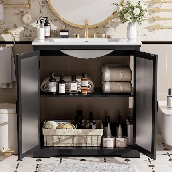 30 in. Single Sink Freestanding Black Bath Vanity with White Ceramic Top and 2-Glass Door and Adjustable Shelf Assembled