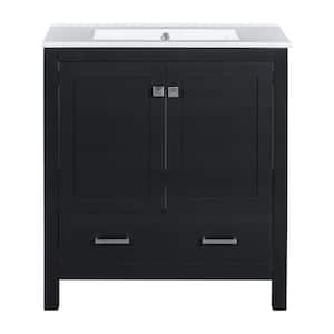 30 in. W x 18 in. D x 34 in. H Single Sink Freestanding Bath Vanity in Black with White Ceramic Top