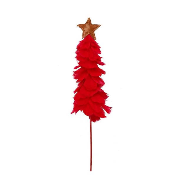 19 in. Red Feather Christmas Tree Ornament with Star On Stick Pick (Set of 3)