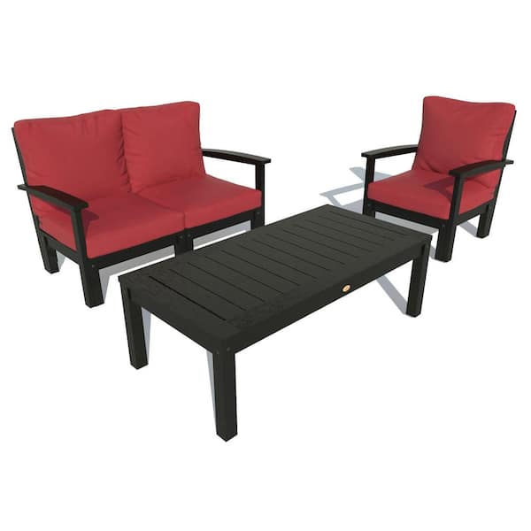 Highwood 3-Piece Plastic Outdoor Loveseat, Chair and Conversation Table Bespoke Deep Seating with Cushions