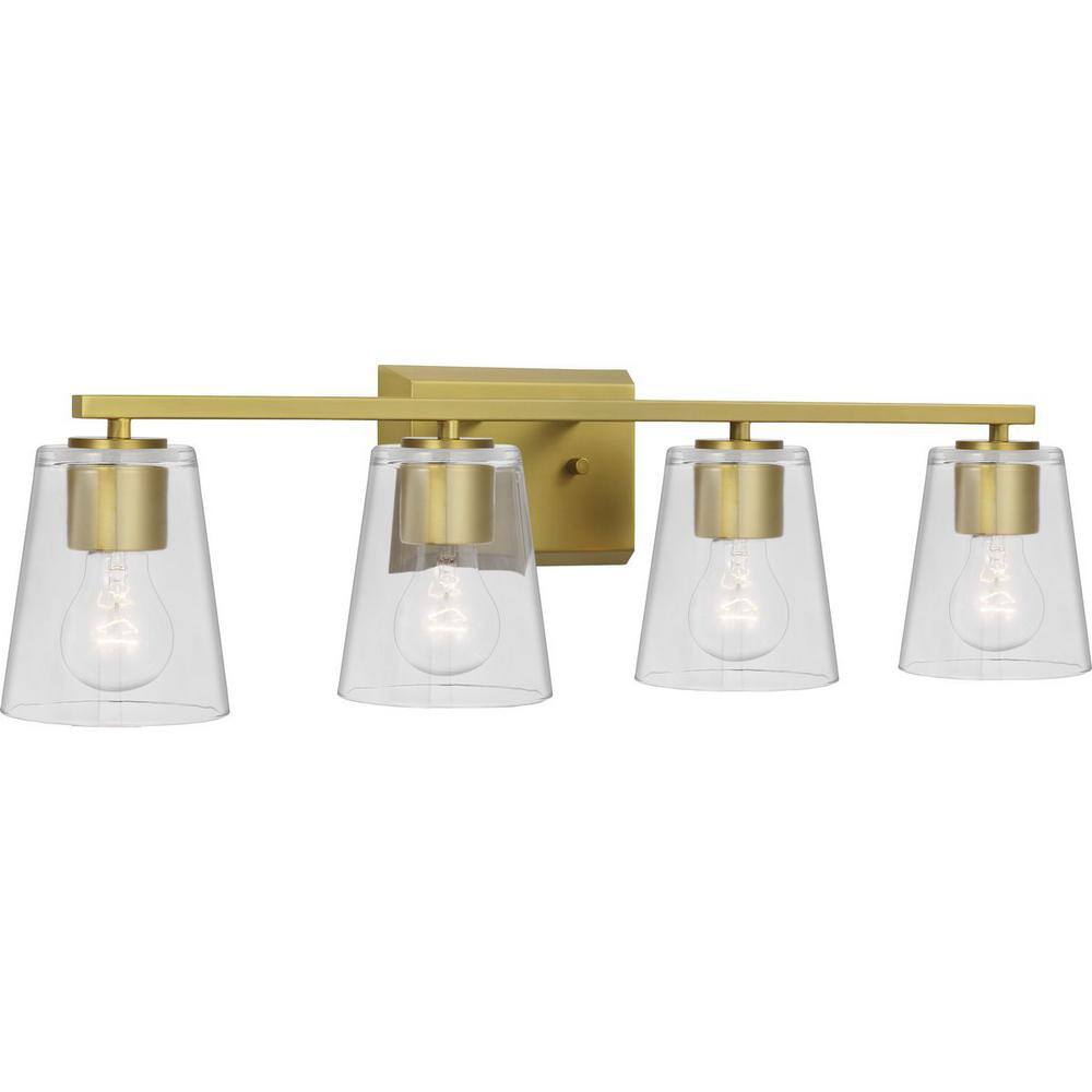 Vertex Brushed Gold Four-Light Glass Bath Vanity Fixture
