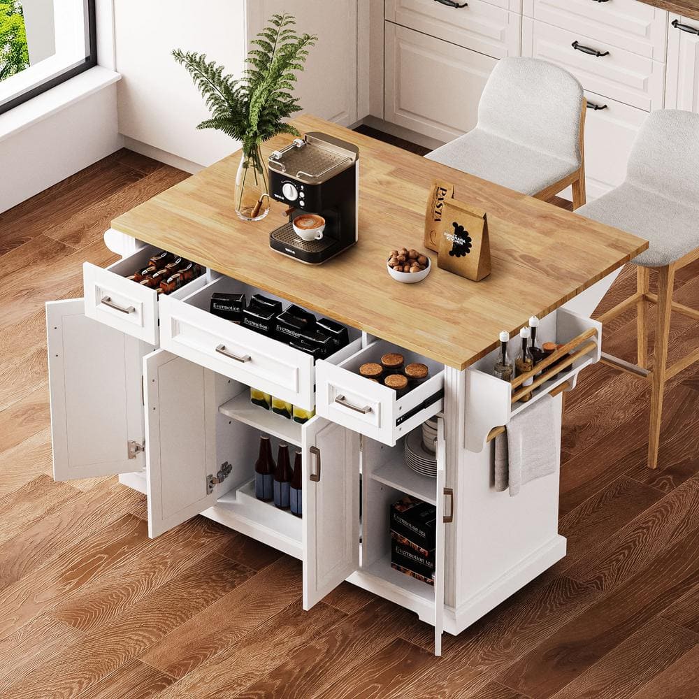 OLUMAT White Wood 54.1 in. W Large Kitchen Island Cart with Drop