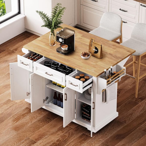 White Wood 54.1 in. W Large Kitchen Island Cart with Drop Leaf, 4-Doors and 3-Drawers