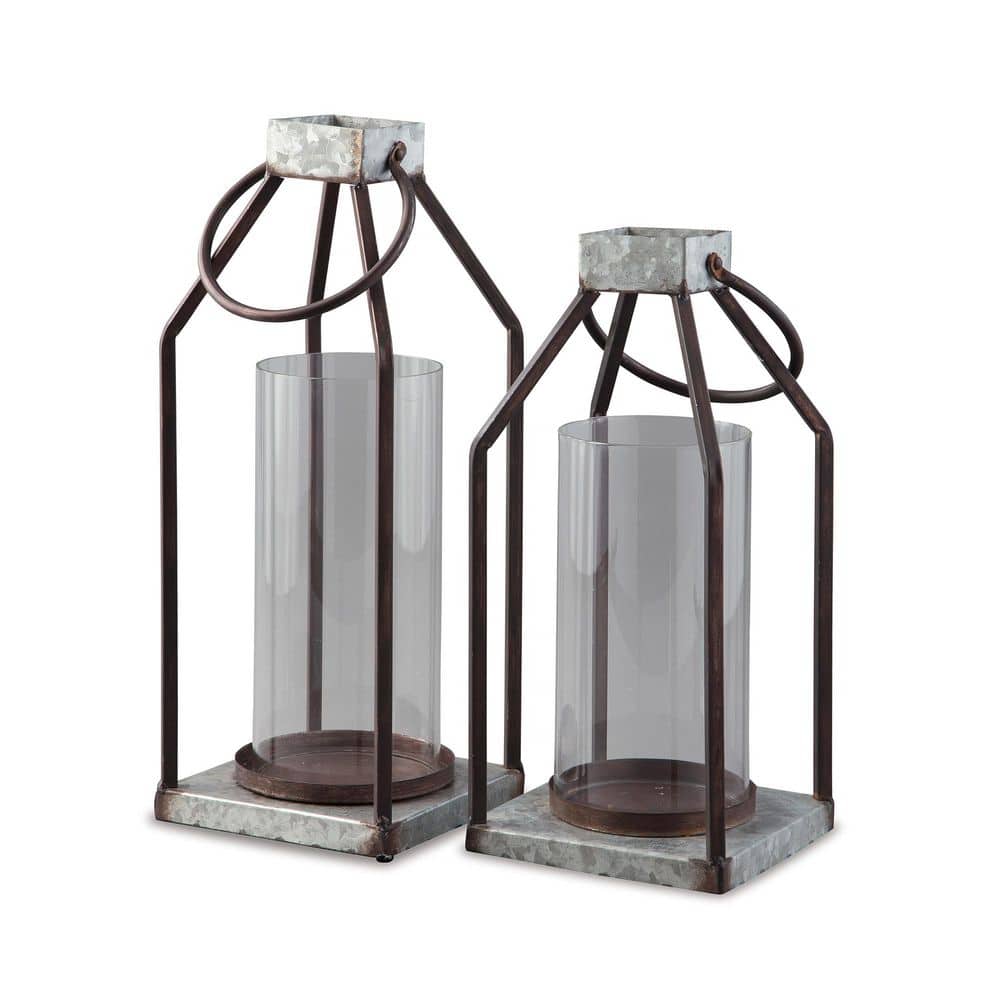 Black and Gray Metal Glass Hurricane Candle Lantern