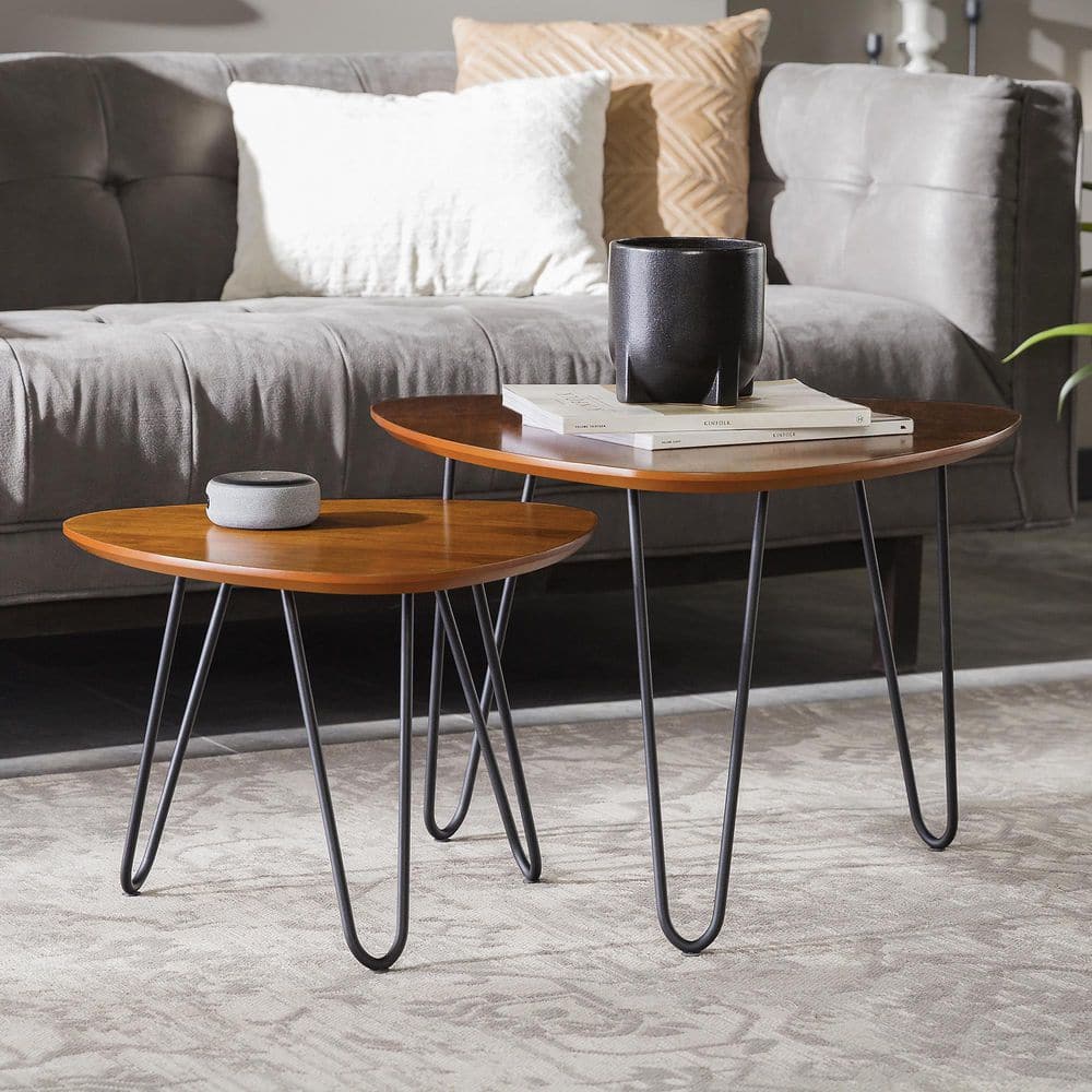 Walnut Triangular Wood Nesting Coffee Tables with Hairpin Legs