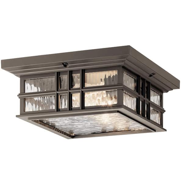KICHLER Beacon Square 2-Light Olde Bronze Outdoor Porch Ceiling Flush Mount Light with Clear Hammered Glass (1-Pack)