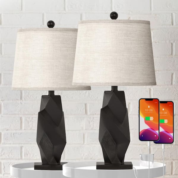 Salem 24 in. Black Resin Table Lamp with Light Brown Linen Lampshade/ USB/ Type-C ports (2-Pack)