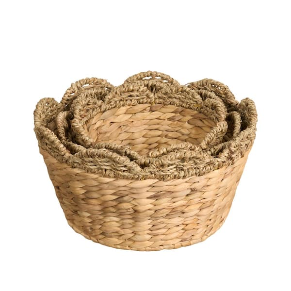 Unbranded Natural Brown 14.7 in. x 7 in. Composite Water Hyacinth Woven Round Multi Use Decorative Basket Set of 3