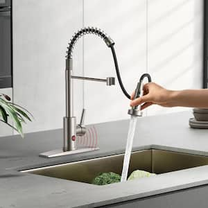 Touchless Single Handle Spring Pull-Down Sprayer Kitchen Faucet with Deckplate Pull-Out Spray Wand in Brushed Nickel