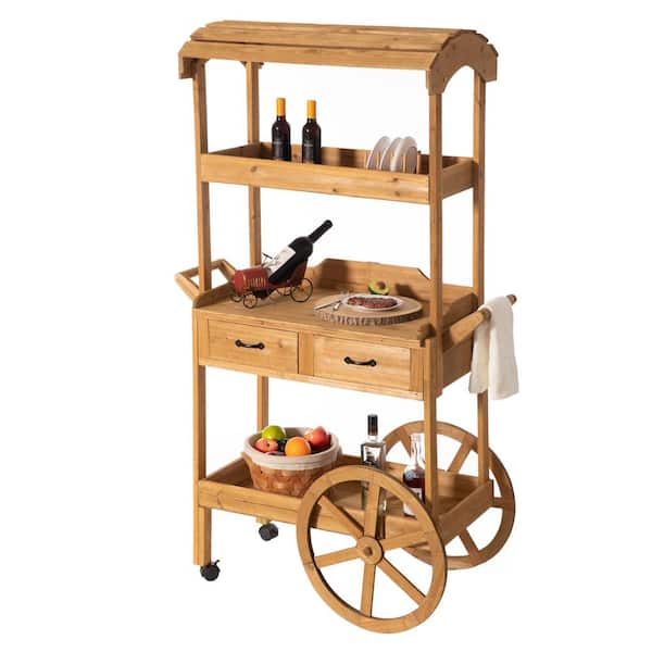 Vintiquewise Large Wooden Display Rolling Table with Drawers and Wheels 3-Tier with Shelves for Food and More