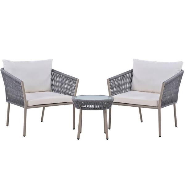 Sudzendf Gray 3-Piece Metal Patio Conversation Set with White Cushions, 2 Single Chairs and 1 Coffee Table