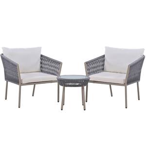 Gray 3-Piece Metal Patio Conversation Set with White Cushions, 2 Single Chairs and 1 Coffee Table