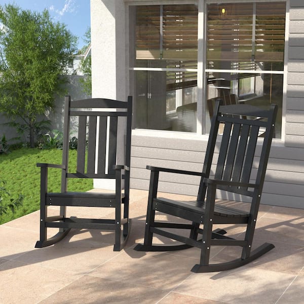 2-Person Black HDPE Plastic Wood Outdoor Rocking Chair Set-Effortless Comfort for Your Patio