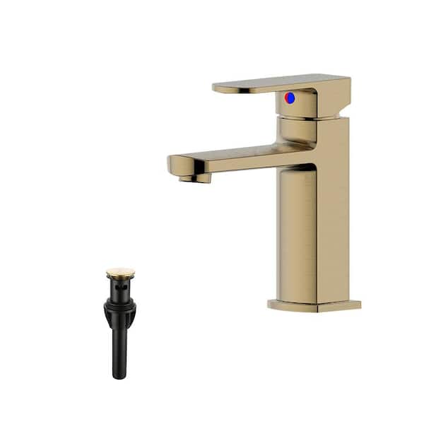 Modern Single Handle Single Hole Brass Bathroom Faucet with Push-up Pop-up Drain in Brushed Gold