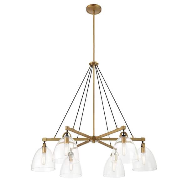 Sommersby 6-Light Legacy Brass and Matte Black Round Chandelier for Kitchen with Clear Glass Shades, No Bulbs Included
