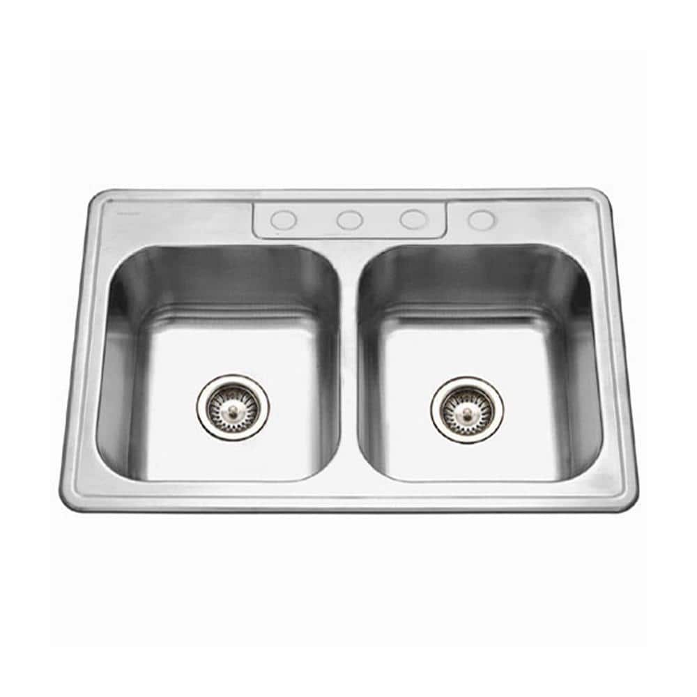 HOUZER Glowtone Series Drop-In Stainless Steel 33 in. 4-Hole 50/50 Double Bowl Kitchen Sink in Satin, Silver -  3322-9BS4-1