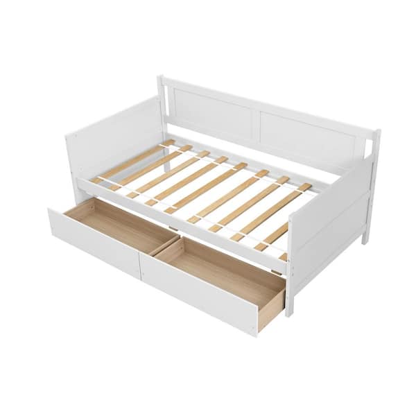 URTR White Twin Daybed with Trundle, Extendable Daybed Twin to King with Two Drawers, Wooden Sofa Bed Frame for Living Room