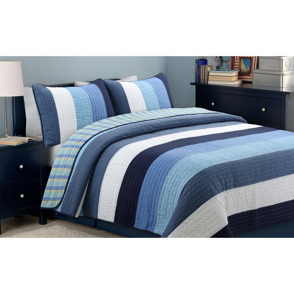 Navy Blue and White Striped Cotton Twin Quilt Set
