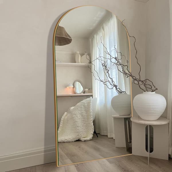 Sxiawe 32 in. W x 71.2 in. H Arched Gold Wooden Frame Oversized Classic Wall Mounted Floor Mirror