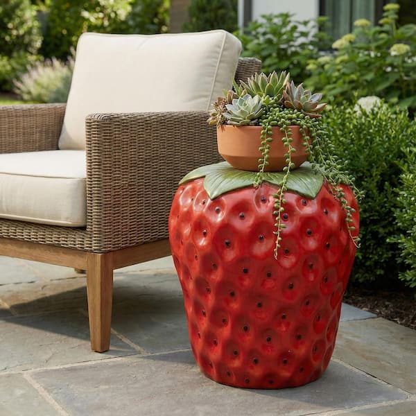 Metal 16 in. Red Strawberry Shape Boho Style Garden Stool