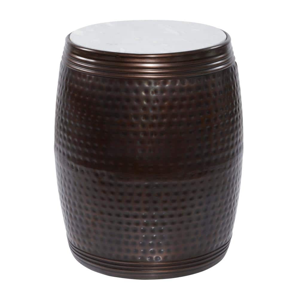 Copper Hammered Barrel Side Table with White Marble Top - 16"x19"