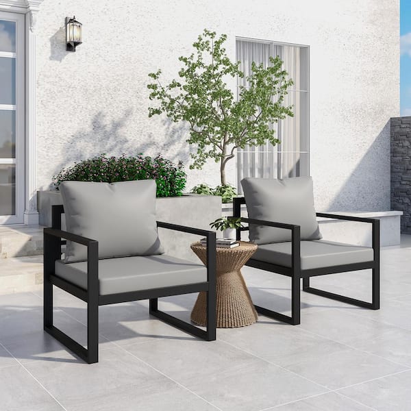 Mondawe Russell Black 2-Piece Metal Outdoor Couch Armchair Sofa Chair with CushionGuard Gray Cushions